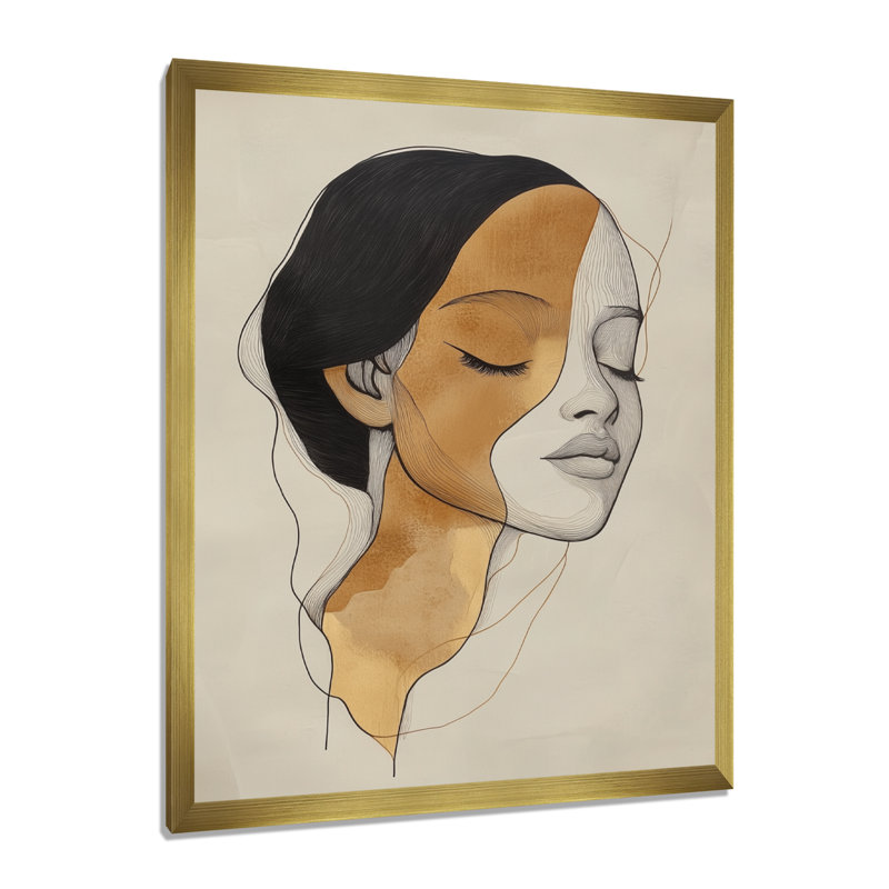 Figure en ligne II - Portrait moderne beige encadré, H 44 po x l 34 po, Gold Picture Framed