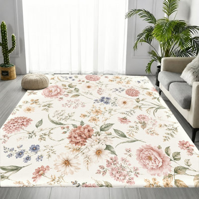 Tapis floral de style rétro, motif rose blanc rose, tapis antidérapant lavable à la machine, décoration intérieure élégante pour le salon, la chambre à coucher, le vestibule, la porte d'entrée, la cuisine, le balcon, l’appartement