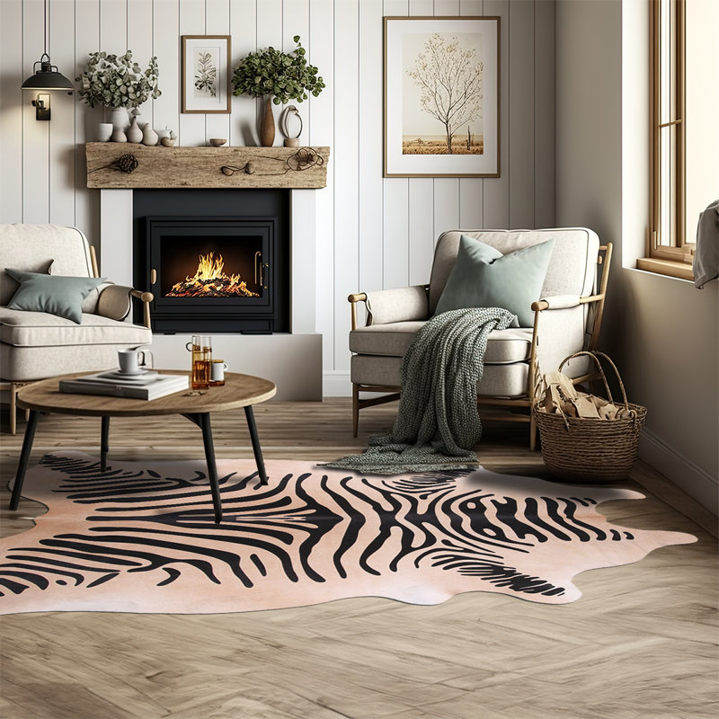 Custom Zebra on Beige Printed Cowhide, Novelty 5'8" x 6'7"