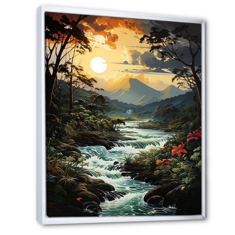 Bele Rivermountain Sunset Jungle Jubilation I - impression, H 40 po x l 30 po x P 1,5 po, Cadre flottant blanc
