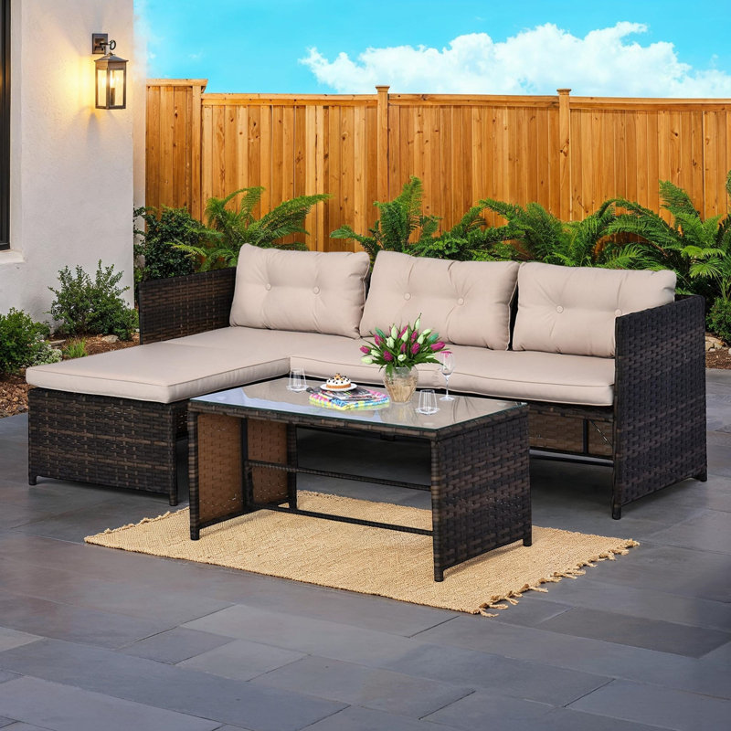 Outdoor Rattan Sofa Set with Cushions, Coffee Table & Chaise, 3-Piece Set