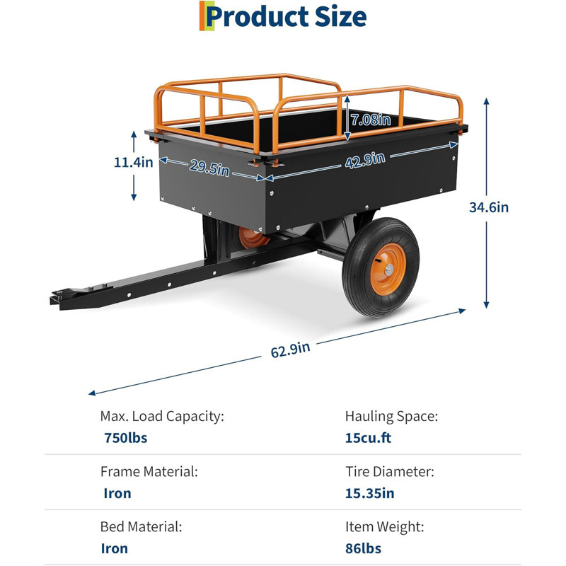 Heavy Duty 15 Cubic Feet Steel Tow Behind Dump Cart 750Lbs Capacity Garden Trailer, Pull Behind Utility Dump Trailer for Lawn Mower & Yard Work