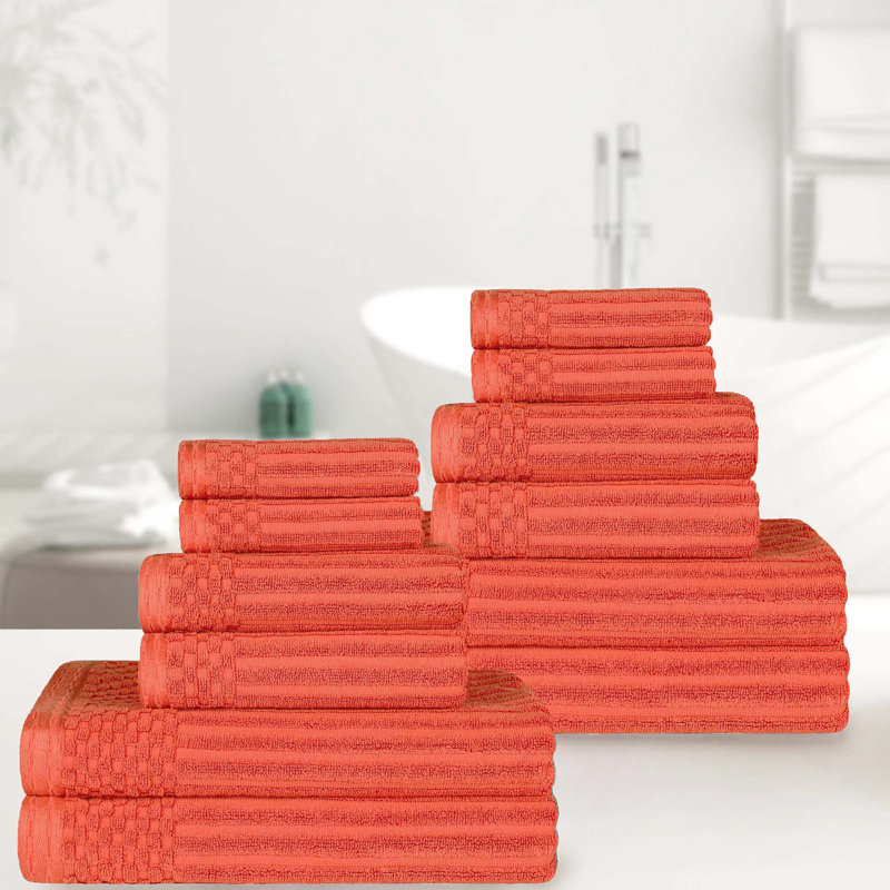 12-Piece Solid Highly Absorbent  and Checkered Border Cotton Towel Set, Coral