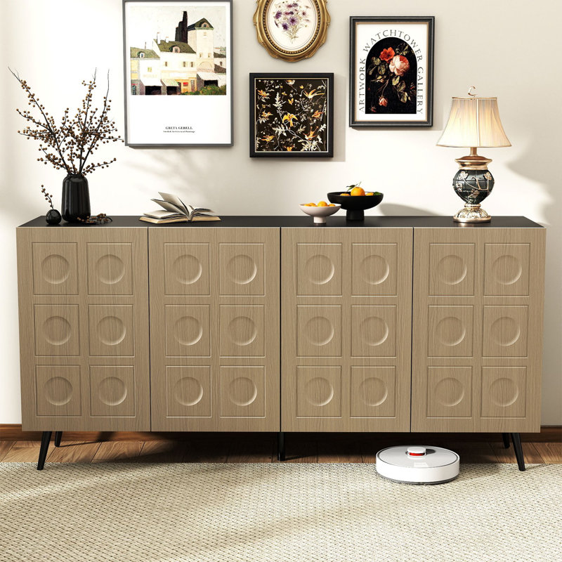 63'' W Sideboard Buffet Cabinet with 4 Fluted Doors and Adjustable Shelves, Oak