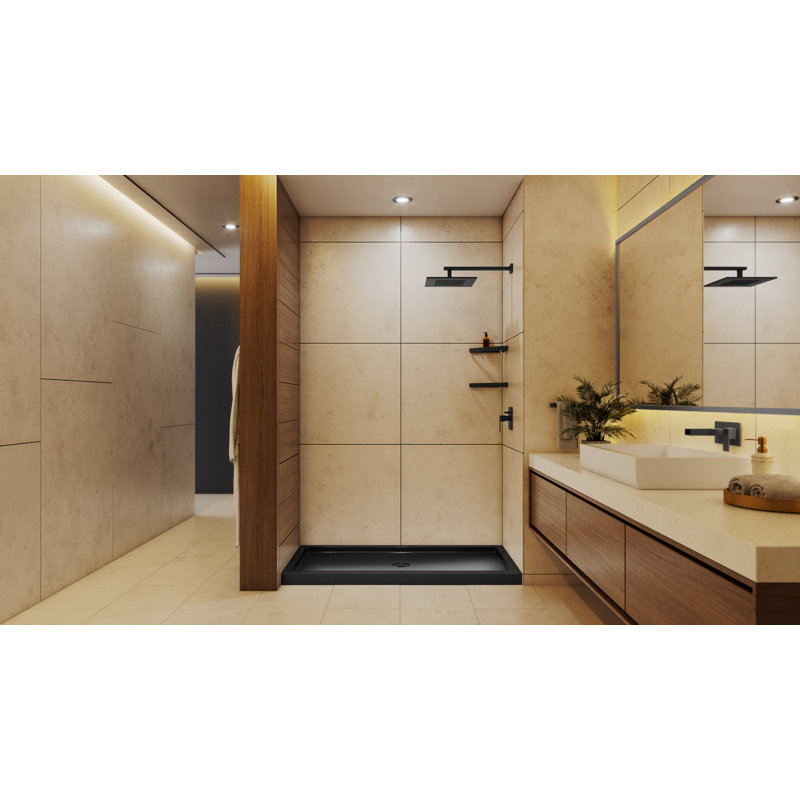 DreamLine SlimLine 32 inch D x 60 inch W x 2 3/4 inch H Single Threshold Black Alcove Shower Base with 2 inch Matte Black Center Round Drain