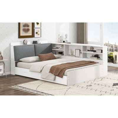 Lit double en bois blanc avec tête de lit avec rangement, tablettes et 2 tiroirs, structure en pin massif avec structure rembourrée, assemblage facile