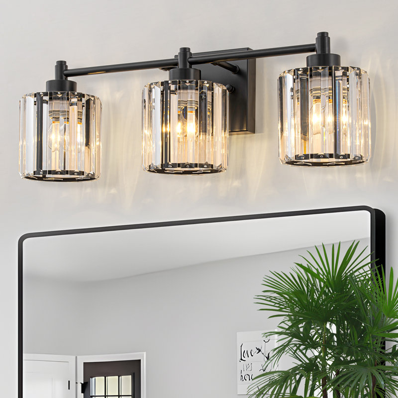 3-Light Dimmable Glass Crystal Vanity Light, Black
