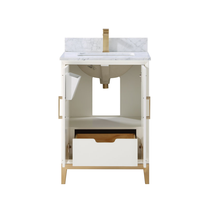 Gracie 24 in. Single Vanity, Carrara Marble/Single Faucet Mount, Satin White (Cream White)