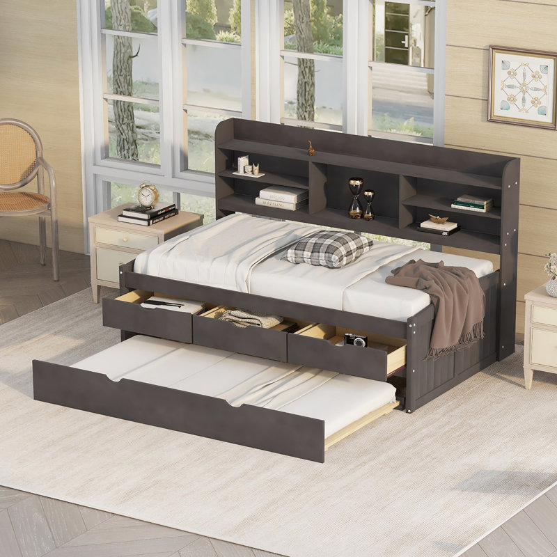 Lit avec rangement gigogne, Brun antique, Simple