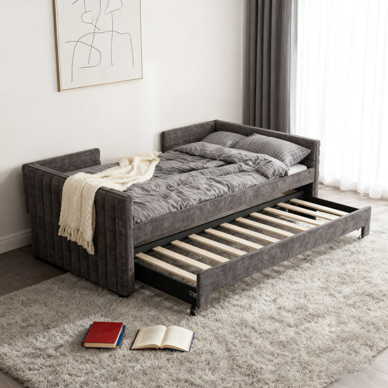 Upholstered Daybed with Trundle and 3 Storage Drawers, Chenille Fabric Sofa Bed for Guest Room, Gray