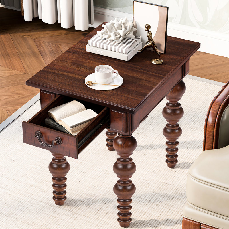 Table d'appoint antique en noyer massif avec tiroir, montage rapide pour chambre ou salon, plateau plaqué, pieds couleur gaufrée, idéale dans un coin cuisine, pieds tournés