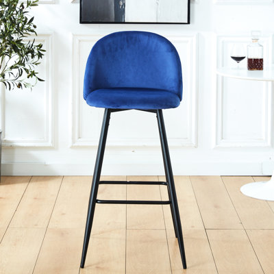 2 pièces en velours, chaise de bar avec dossier. Fabrication en métal et repose-pieds. Siège bleu. Assemblage facile pour la cuisine de 2 tabourets, hauteur. Revêtement de pieds robustes.