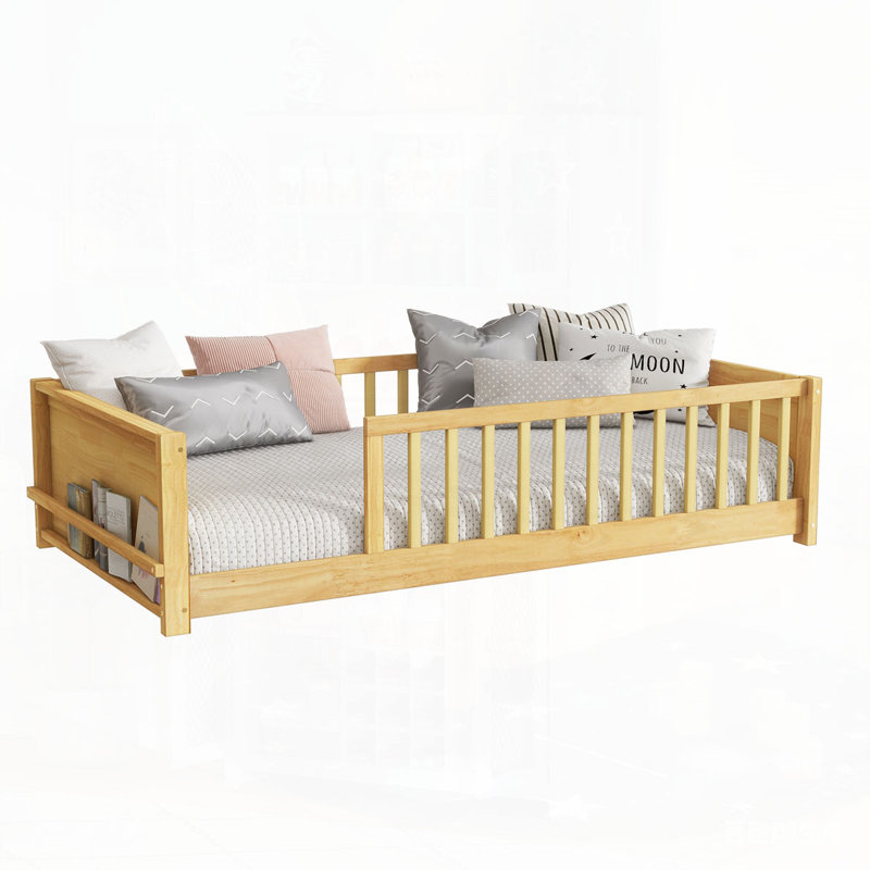 Twin size Floor Platform Bed with Built-in Book Rack, Natural