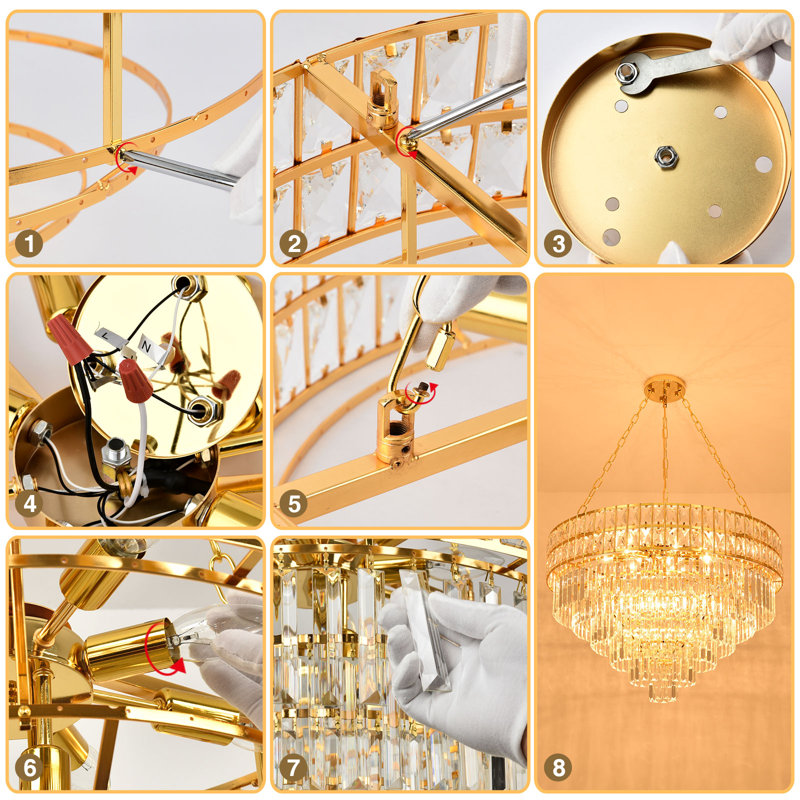 Lustre empire en cristal Imma, Or vif, H 42,5 po x l 29,5 po x P 29,5 po