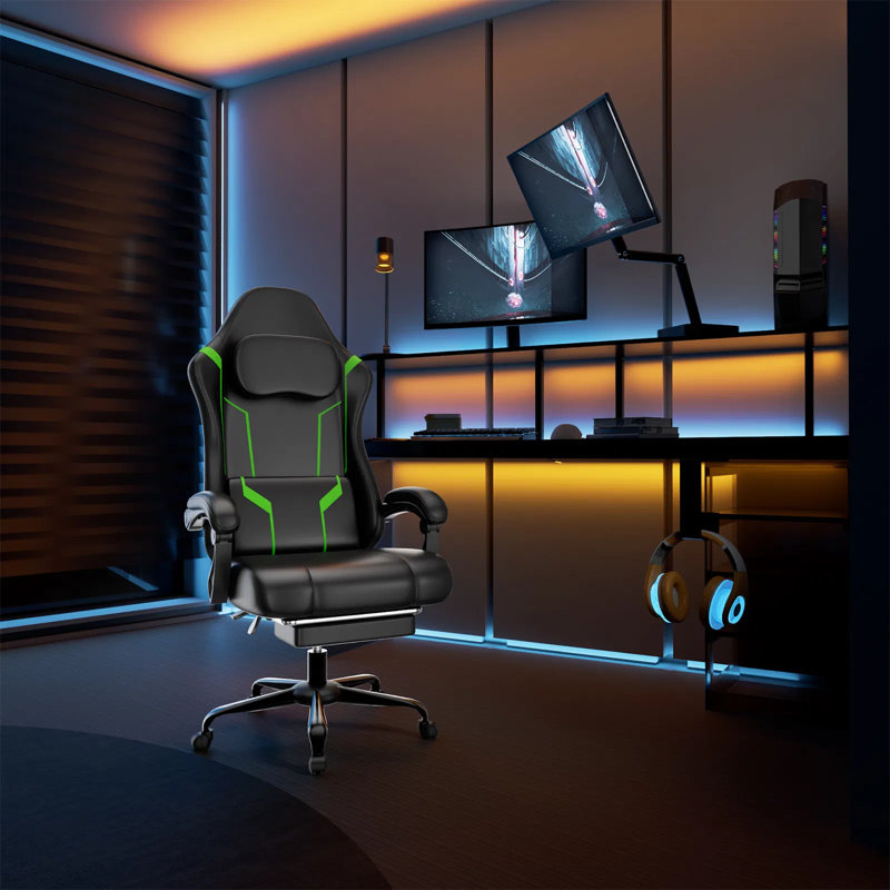 Fauteuil de jeu ergonomique avec siège à ressorts ensachés et repose-pieds, fauteuil d'ordinateur inclinable à 90 ° -155 ° avec support lombaire à massage, capacité de 350 lb, appui-tête réglable et accoudoirs liés