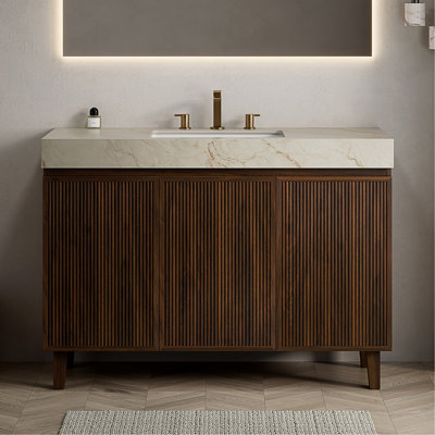 Meuble-lavabo de salle de bain 122 cm (48 po), meuble autoportant, comptoir en pierre frittée couleur crème veinée or et lavabo en céramique avec 3 trous prépercés pour robinetterie, démonté, sans robinetterie ni bonde, couleur noyer.
