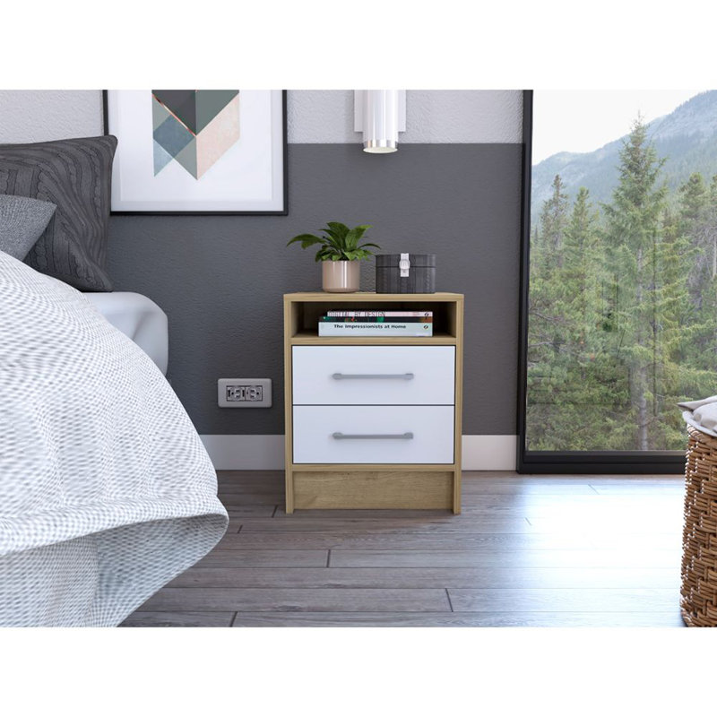 Table de chevet compacte Eter avec deux tiroirs et une tablette, rangement de chevet minimaliste, Naturel / Blanc