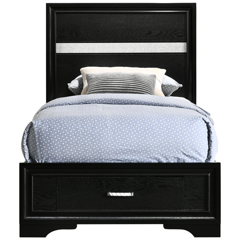 Lit de rangement simple noir avec bordure scintillante sur les poignées de tiroir, bois d'ingénierie et, sans fondation requise, panneau de 49,97 pouces de hauteur avec cadre biseauté en cristal, support de matelas direct,