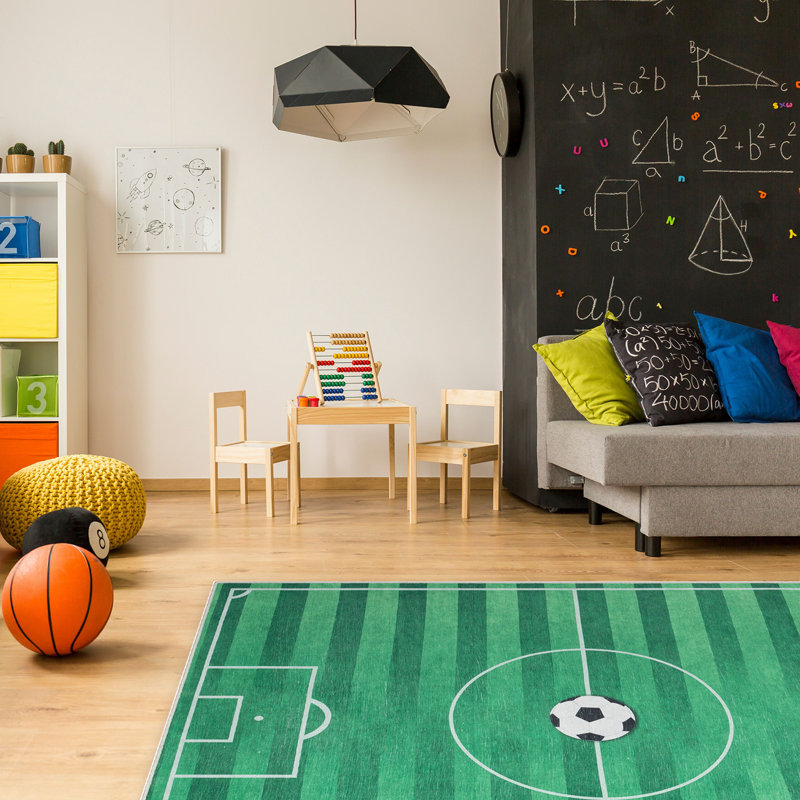 Asusena Kids Rugs Soccer Field Modern Green Area Rug, Rectangle 3'3" x 5'