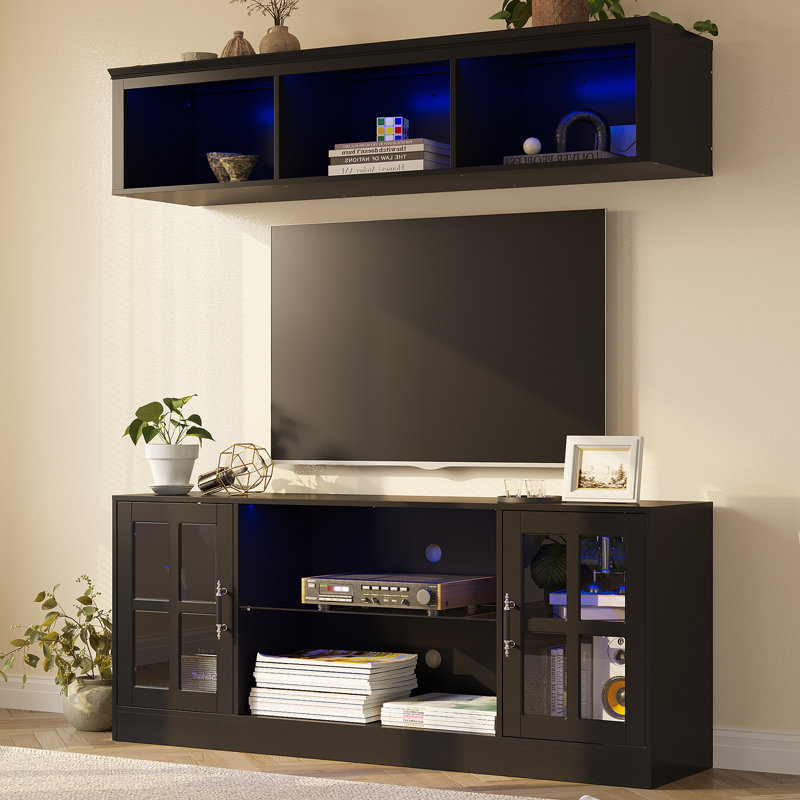 2-piece Wall Unit Tv Stand With Bookshelves, Modern Tv Console Table With Led Lights For Tvs Up To 65", Black
