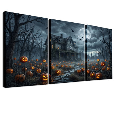 Maison hantée sombre avec citrouilles lumineuses - Ensemble de 3 toiles murales pour l'Halloween
