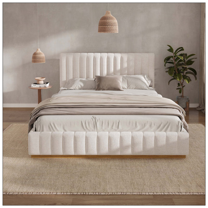 Hara Linen Upholstered Bed Withthick Headboard & Solid Wood Base, King
