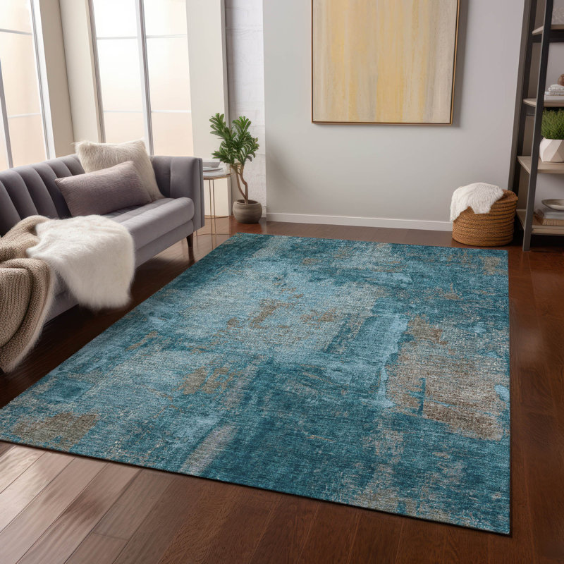 Teal Abstract Washable Synthetic 5' x 7' Area Rug
