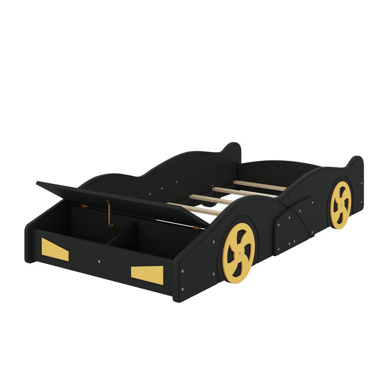 Solid Wood Platform Bed Shaped Like A Race Car With Storage And Wheels, Twin, Black/Yellow