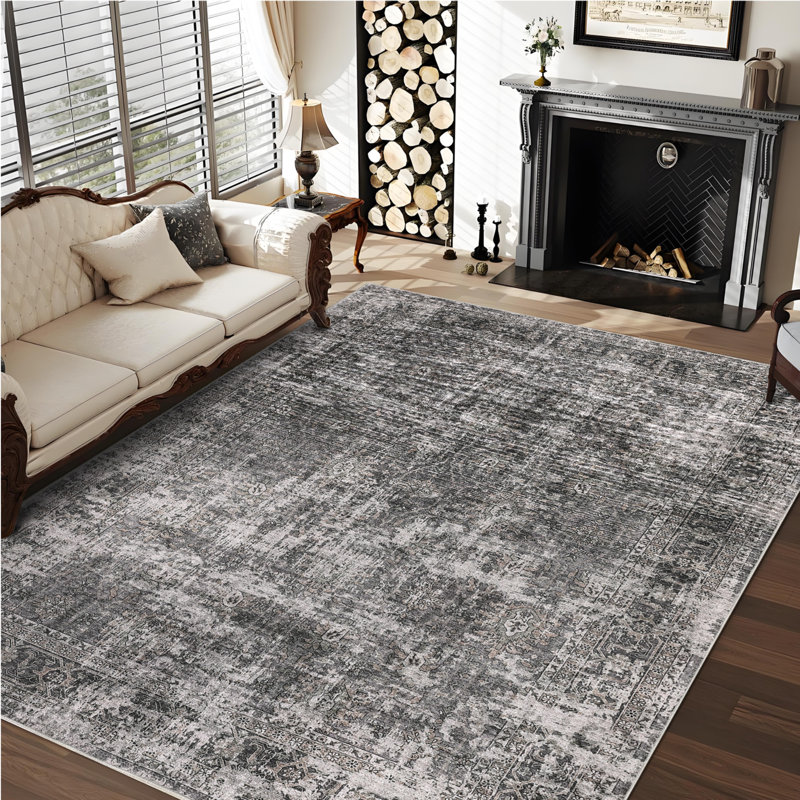 Large Area Rug 10x13 Living Room Rug, Machine Washable Pearl Velvet Soft Floor Carpet, Non Slip Foldable Rug, Vintage Distressed Rug for High Traffic Areas In Nursery Room, Bedroom, Gray