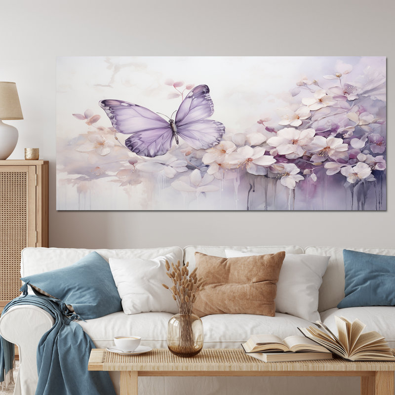 Papillon mauve en vol enchanté II - Art mural papillon, 28" H x 60" W, Toile tendue