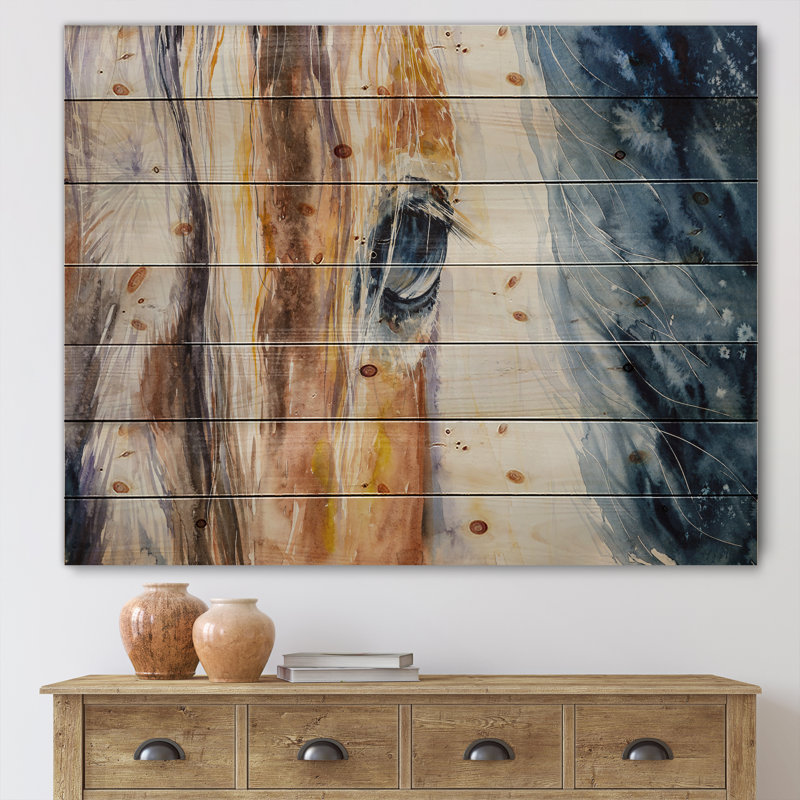 Gros plan sur un magnifique œil de cheval I - impression campagnarde sur bois de pin naturel, H 15 po x l 30 po x P 0,78 po