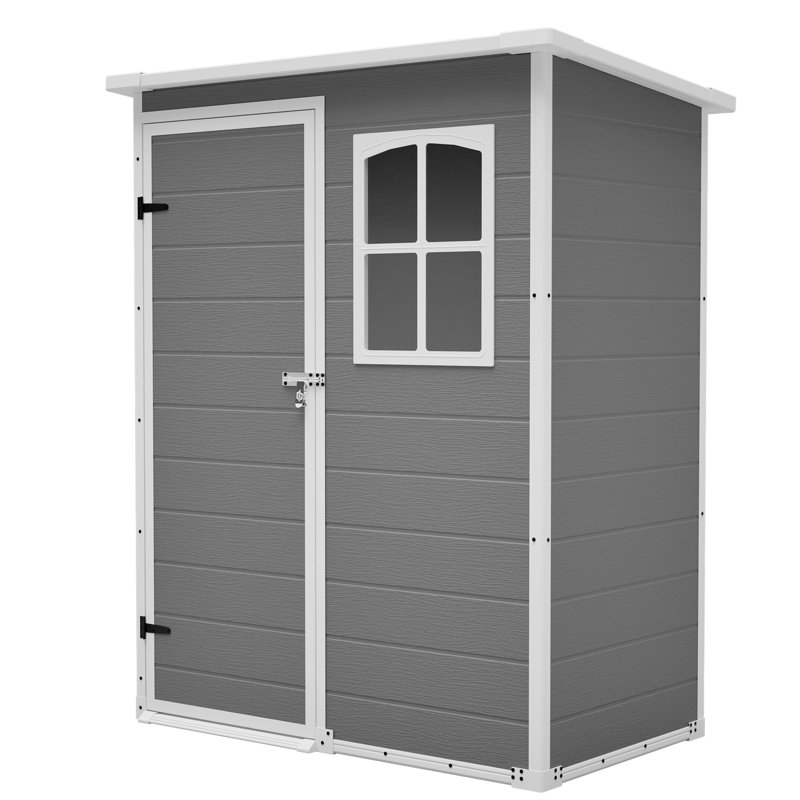 Abri de jardin en résine grise de 152 x 91 cm avec toit en pente et système de drainage, protégeant des intempéries. Conception verrouillable. Convient à une utilisation dans un jardin.