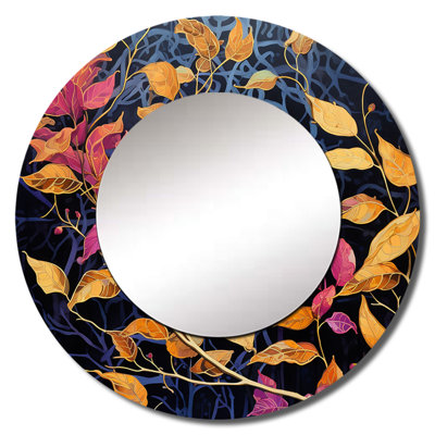 Gold And Pink Leaf Charm In Winter I - Leaves Large Wall Mirror, Traditional Round Decorative Mirror, Printed Metal Art