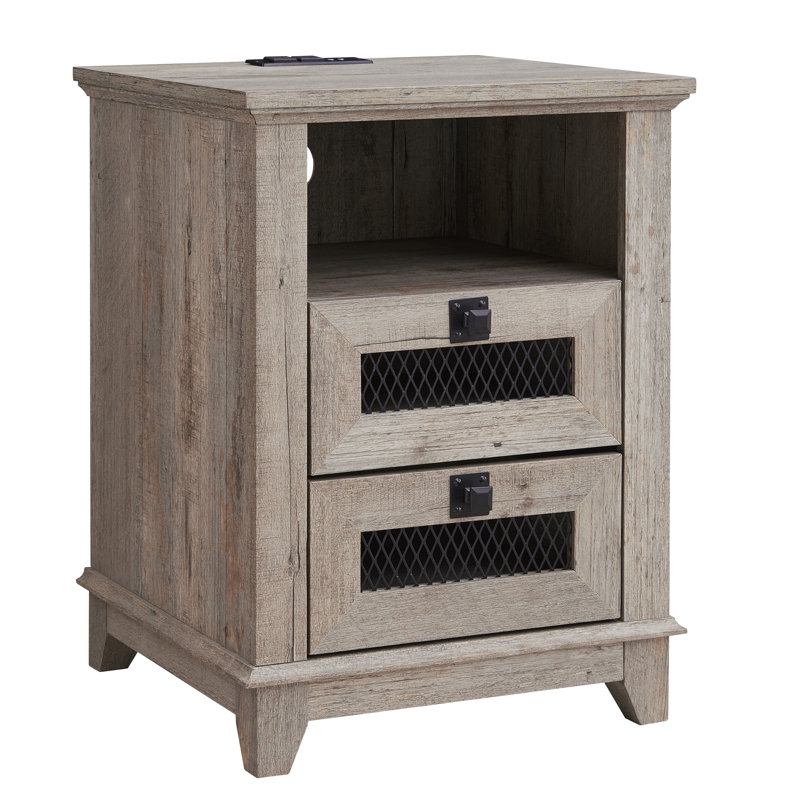 Rimmer 18"W Farmhouse 2-Drawer Wood End Table, Small Side Table With Charging Station, Light Rustic Oak