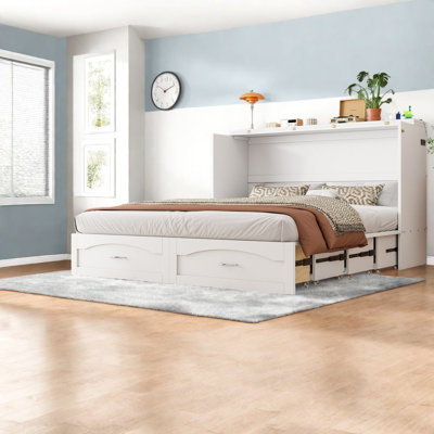 Queen Size Murphy Bed, Wall Bed With Drawer And A Set Of Sockets & USB Ports