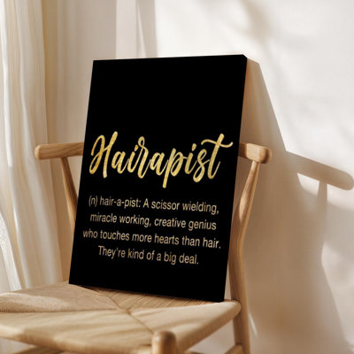 Coiffeur: texte doré élégant sur fond noir, style d'art de calligraphie scintillante. Art mural encadré en toile - Cadre en bois massif de 24 po x 36 po et 1 po d'épaisseur pour le salon ou la chambre à coucher