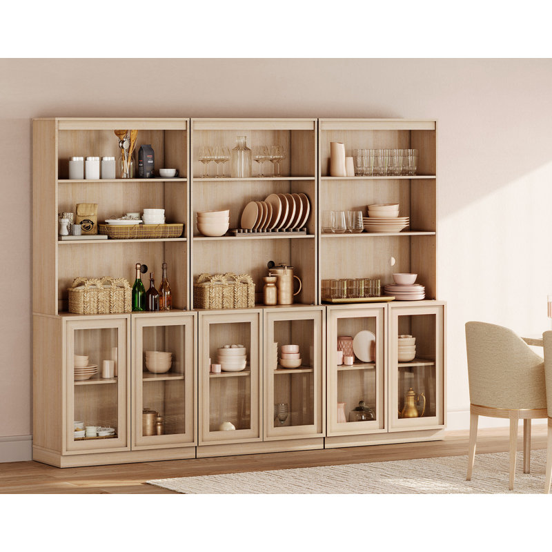 Buffet en bois de 240 cm de large avec portes vitrées et étagères réglables, meuble de rangement de 183 cm de haut pour salle à manger et cuisine
