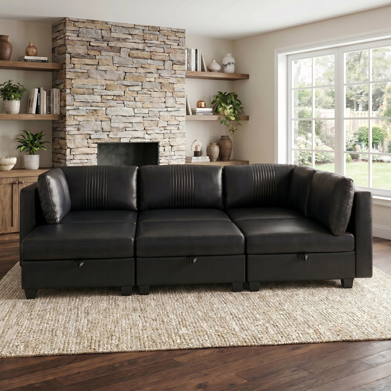 Canapé convertible rembourré avec rangement, Black Faux Leather, 35.43" H x 99.21" W x 70" D