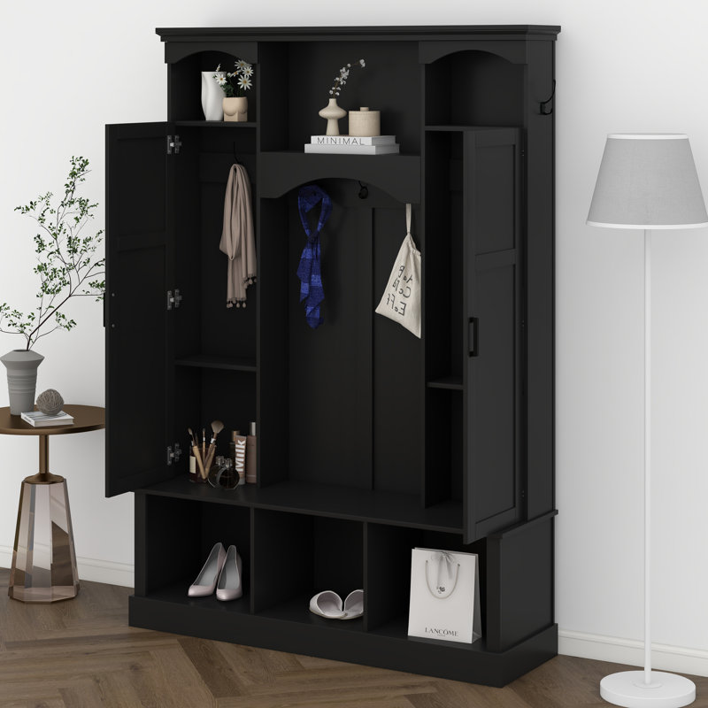 Arbre d'entrée avec tablettes réglables et 7 crochets, organisateur de vestibule, armoire à chaussures et banc de rangement, armoires latérales doubles