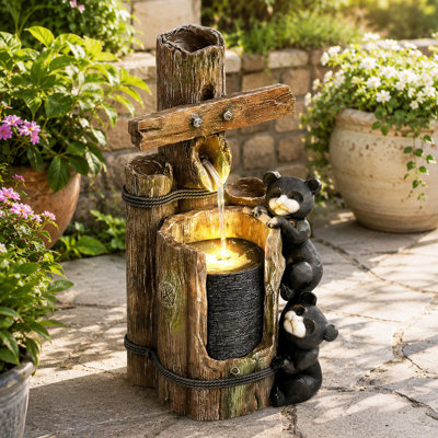 Fontaine de jardin extérieure à 3 niveaux en forme d'ours, avec lumières DEL et pompe réglable