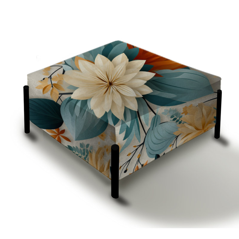 Grand repose-pieds carré bleu à motif floral fusion géométrique bleu et beige