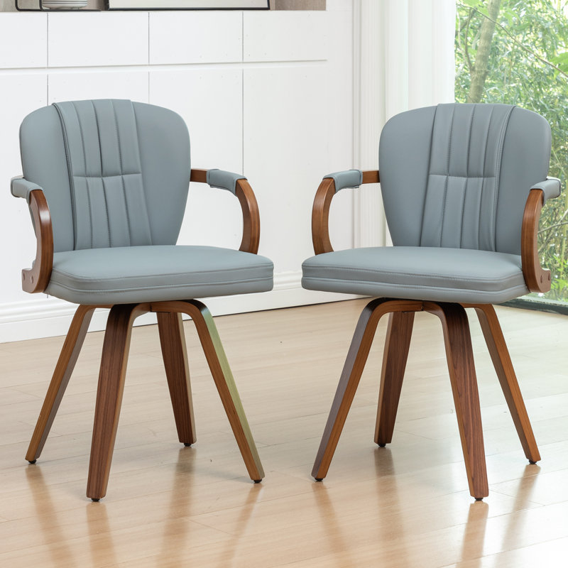 Mid Century Modern Leather Upholstered Swivel Dining Chairs With Arms, Blue