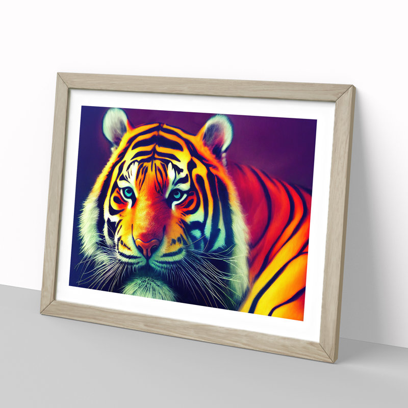 Illuminated Tiger - Single Picture Frame Print, 34cm H x 46cm W, Grey