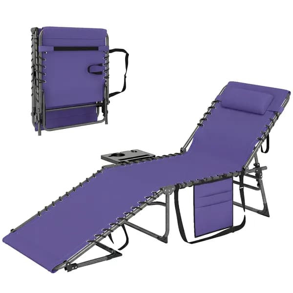 Chaise longue de bronzage pliante avec dossier réglable à 5 niveaux, table d'appoint, coussin, poche, mauve