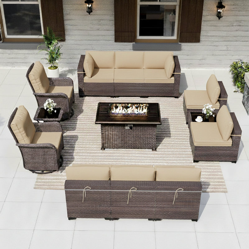 13 Pieces All-Weather Wicker Patio Furniture Set With Propane Fire Pit Table, Swivel Rocking Chairs, And Cushions, Tan