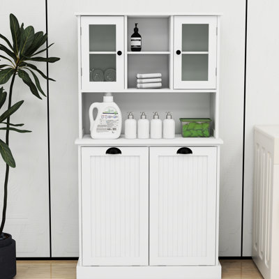 Laundry Basket Cabinet In White - Two Compartment Design Stable & With Adjustable Shelves