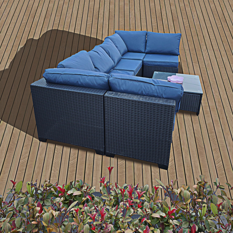 Outdoor Sectional Sofa Set, Dark Blue Cushion/Black Frame