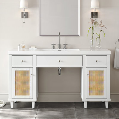 60 Inch Bathroom Vanity with SMC Sink, Modern Spacious Storage, Soft Close Drawers, and Stylish Pine Legs for Elegant Bathrooms
