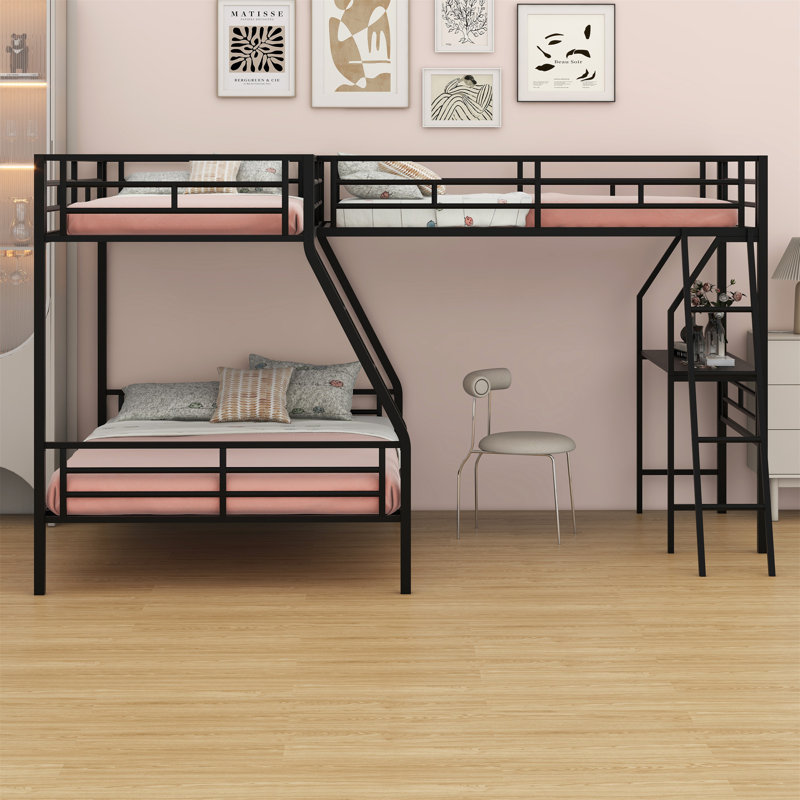 Lit superposé en métal avec lit mezzanine attaché et bureau