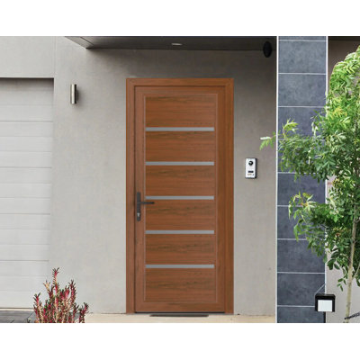 Porte d'entrée extérieure prémontée en PVC-U métallique Manux 8415 couleur noyer, pour bureaux, commerces et habitations. Convient à l'entrée, au patio et au garage. Largeur : 30 cm x Hauteur : 80 cm. Ouverture à droite vers l'intérieur.